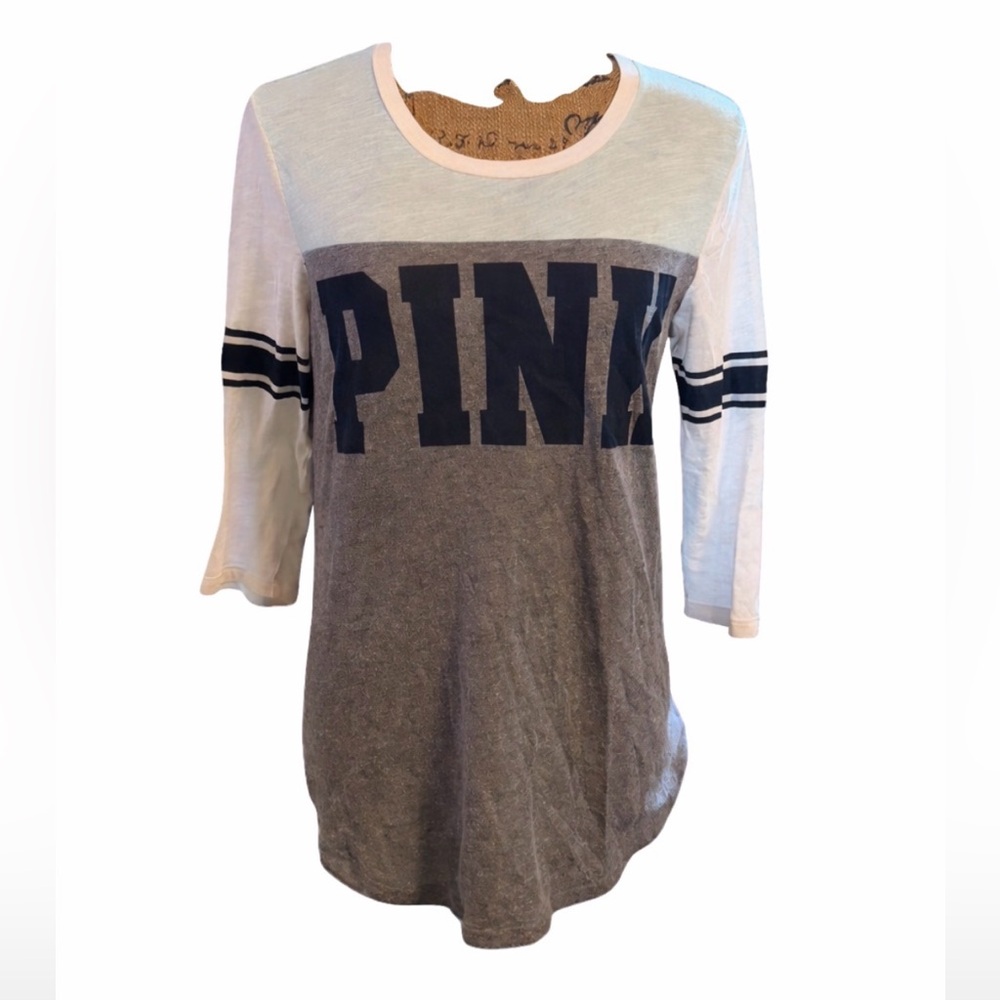 Victoria’s Secret PINK Varsity Tee Gray White 3/4 Sleeve Logo Top XS